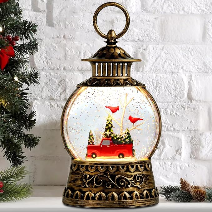 Christmas Snow Globe, Red Truck Musical Snow Globe Lantern Lights with 6H Timer Battery & USB Powered, Retro Style Holiday Glitter Globe for Xmas Home Decoration Holiday Party Gifts