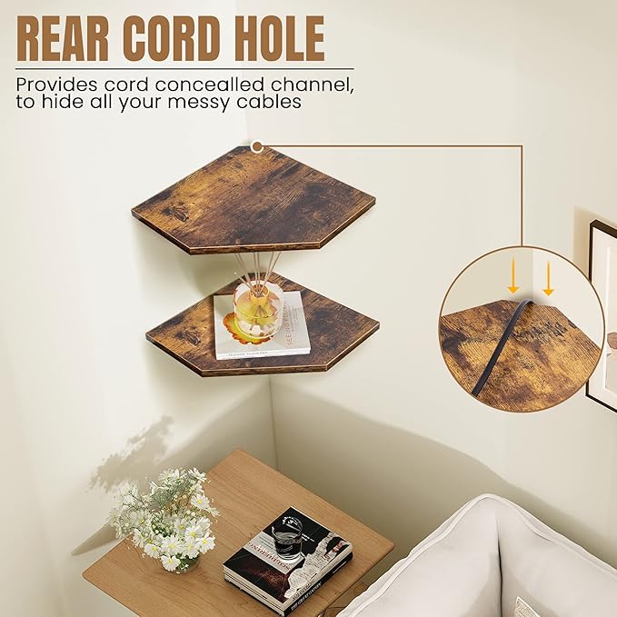 Fun Memories Corner Shelf Wall Mount, Floating Corner Shelves, Set of 4 Corner Wall Shelf Organizer, Rustic Wood Wall Storage Display Shelves for Living Room Bedroom Bathroom Kitchen, Rustic Brown