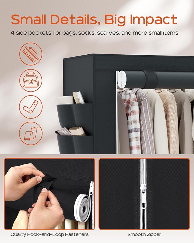 Clothes Rack, Portable Closet, 54.7 Inch Large Capacity Wardrobe Closet with Cover, Clothes Storage Organizer with Shelves and 3 Hanging Rods, Easy to Assembly, Black PCT122B01