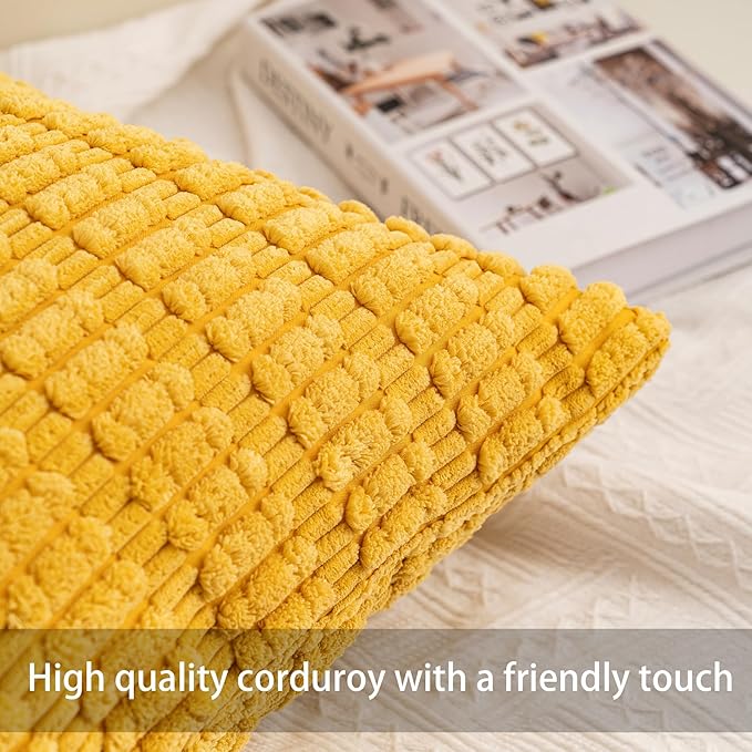Aegero Pack of 2 Corduroy Decorative Throw Pillow Covers 12x20 InchSoft Boho Striped Pillow Covers Modern Farmhouse Home Decor for Sofa Living Room Couch Bed（Yellow）