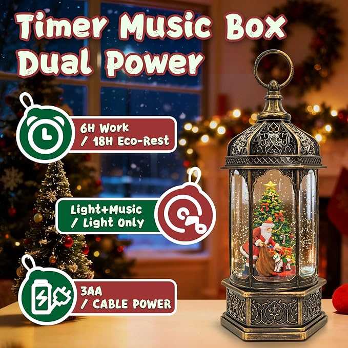 Christmas Snow Globes Lantern, Santa Claus & Gift Piles Christmas Decorations Indoor, 6H Timer Battery & USB Powered Light Up Musical Snow Globes for Kids Women Adults Gift Thanksgiving Home Decor
