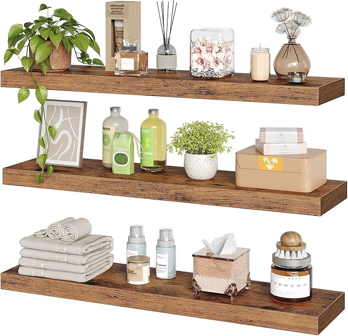 RALGEND Floating Shelves for Wall, 1.5" Thick Wall Shelf Set of 3 with Invisible Brackets, L31.5 x W7.9 Hanging Shelves Farmhouse Home Decor for Bathroom, Living Room, Bedroom, Rustic Brown 8301BJP3BF