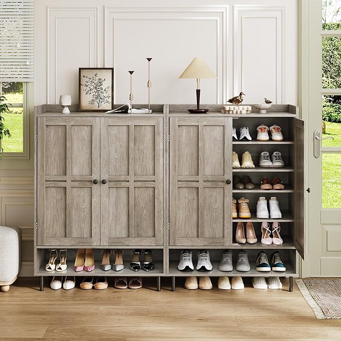 Grey 7+1 Tier Farmhouse Shoe Storage Cabinet - 45" Tall Entryway Organizer with Cross Molding Doors, 3 Adjustable Shelves & Metal Legs, Shoe Rack for Front Door Entrance