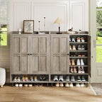 Grey 7+1 Tier Farmhouse Shoe Storage Cabinet - 45" Tall Entryway Organizer with Cross Molding Doors, 3 Adjustable Shelves & Metal Legs, Shoe Rack for Front Door Entrance