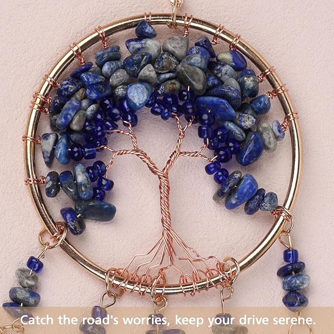Pretty Jolly Small Tree of Life Crystal Stone Dream Catchers Deepblue Feathers Mini Dreamcatchers for Car Rear View Mirror Hanging Decoration Good Luck Travel Charm Bedroom Ornaments for Women Girls