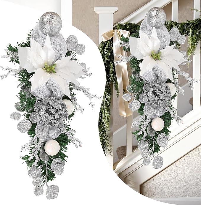 Silver Christmas Swag with Glitter Poinsettia, Pinecones, Ornaments and Mesh Ribbon 23.6" White and Silver Teardrop Swag for Christmas Decorations Artificial Wall Door Hanging Holiday Decor