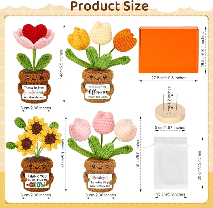 4 Pcs Thank You Gifts for Women, Positive Crochet Sunflower Tulip Heart Potted Plant Flower Dolls with Card Wooden Stands and Box, Teacher Employee Appreciation Gifts, Mothers Day, Birthday Gift