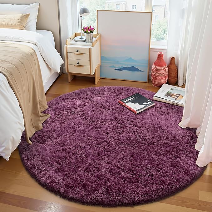 OLANLY Burgundy Round Rugs for Bedroom - Machine Washable, 7 ft Circle Area Rugs for Living Room, Soft and Fluffy Shaggy Carpet for Teen Girls and Boys, Nursery Rooms, Dorms, Home Decor Aesthetic