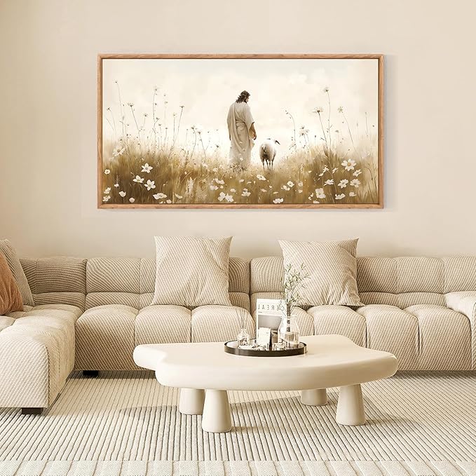 KAIRNE Jesus Canvas Wall Art,Lost Sheep Prints,Neutral Beige Wildflower Wall Decor,Framed Christian Scripture Wall Art,Religious Inspirational Artwork for Living Room Bedroom Church Decor,20X40 inch