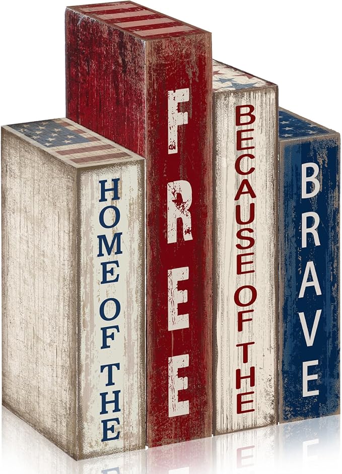 Lineshading 4 Pcs 4th of July Decoration Wooden Book Patriotic Tiered Tray Decor America Decor Red White Blue Memorial Day Centerpiece for 250th Anniversary Independence Day Home Shelf Coffee Bar