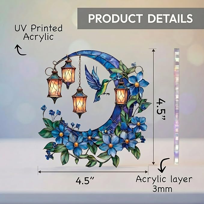 Hummingbird Moon Ornament Acrylic Suncatcher, Stained Glass Style Window Hanging with Lantern and Blue Flowers, 4.5 Inch Decorative Home Decor, Gift for Women, Christmas Ornament(Sun-37)