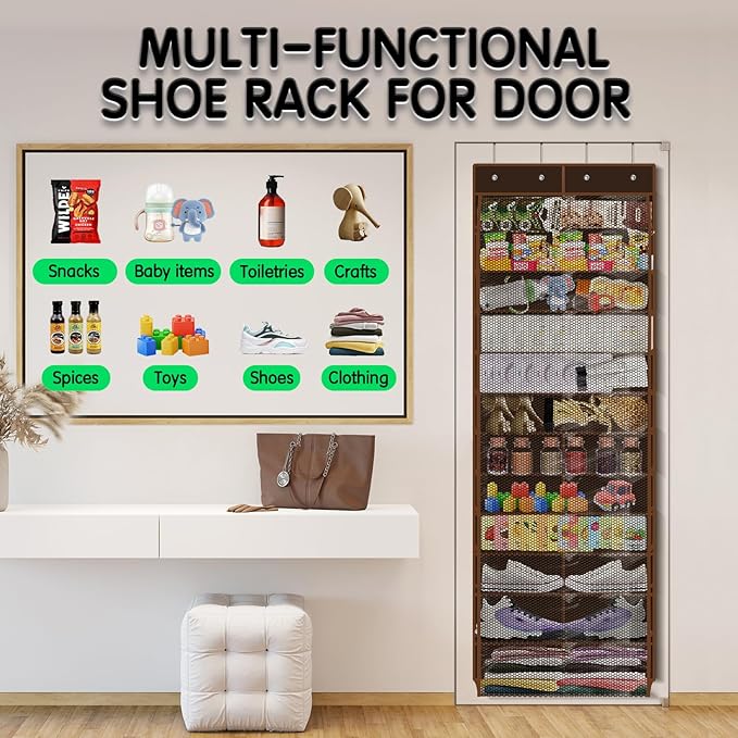 Over The Door Shoe Organizer with 12 Large Breathable Pockets - Durable Hanging Storage for the Entire Family's Shoes (Espresso)
