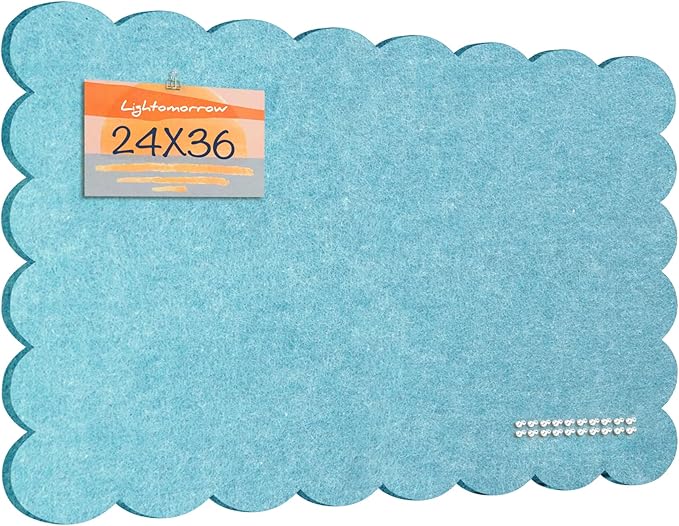 Lightomorrow Scalloped Bulletin Board, 36 x 24 Inches Felt Pin Board - Decorative Cork Alternative for Wall, Foldable Picture Self-Adhesive Vision Prayer Board with 20 Pushpins - Turqoise Blue