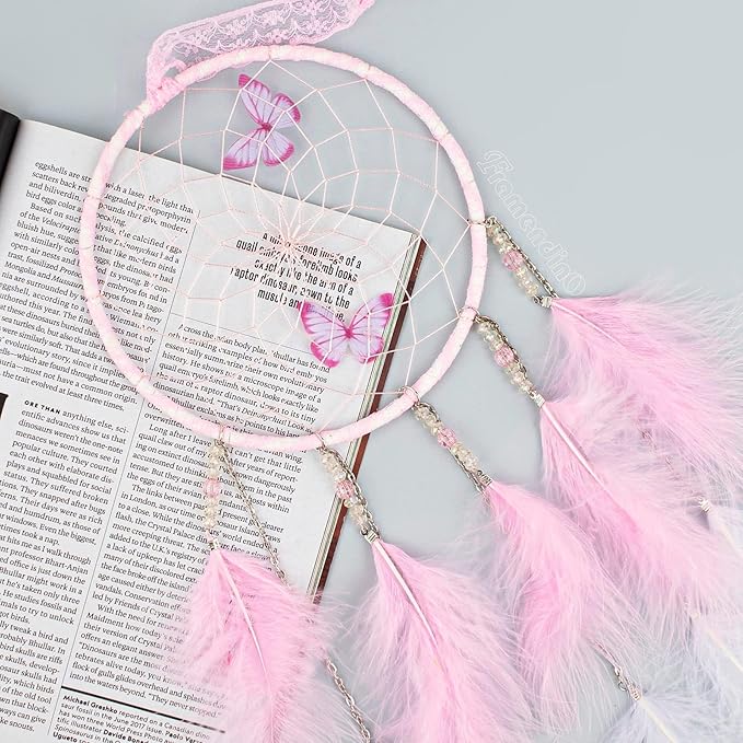 Framendino, Pink Butterflies Dream Catcher with Colorful Feather for Wall Decoration