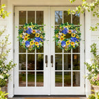 Pinkpuii Spring Wreaths for Front Door Outside- 24 Inch Spring Summer Wreath with Sunflowers,Lifelike Blue Hydrangea Flower Wreath for Indoor Outdoor Mantel,Window,Wall,Home Firplace Hanging Decor