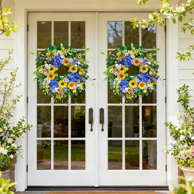 Pinkpuii Spring Wreaths for Front Door Outside- 24 Inch Spring Summer Wreath with Sunflowers,Lifelike Blue Hydrangea Flower Wreath for Indoor Outdoor Mantel,Window,Wall,Home Firplace Hanging Decor