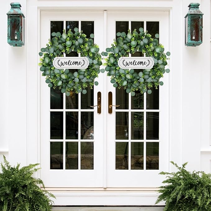 22Inch Eucalyptus Wreath for Front Door, Eucalyptus Wreath with Boxwood Leaves for All Seasons Christmas Spring Summer Year Round Wreaths for Front Door Indoor Outdoor Wedding Holiday
