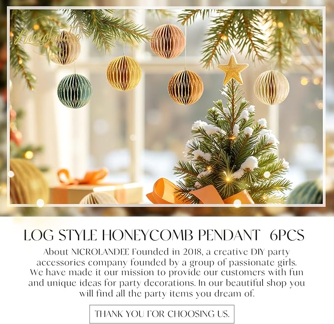 NICROLANDEE Christmas Hanging Decorations, 6 PCS Nature Round Glitter Edge Paper Honeycomb Ornaments, Green Brown Mini Paper Lanterns Ornament for Christmas Tree Décor, New Years Party Home Decor