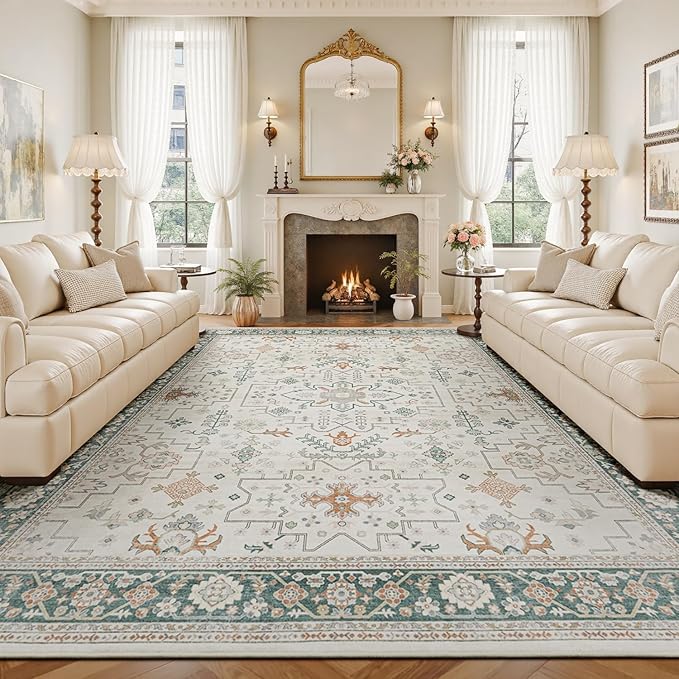 Lessymo Washable Area Rug 9x12 for Living Room, Cream Green Large Rugs for Bedroom Dining Nursery Room, Soft Non-Slip Vintage Floral Oushak Carpet, Boho Tribal Farmhouse Decor