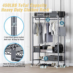 Homdox Rolling Clothes Rack Heavy Duty, 3-Tier Adjustable Wire Shelving Garment Organizer with Double Rods & Hooks, Portable Clothes Rack with Wheels, 17.72" D x 47.24" W x 80.71" H, Grey