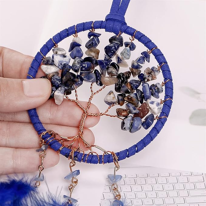 LOMOHOO Dream Catcher Car Rear View Mirror Pendant Car Charm with Crystal Beads Tree of Life Small Dream Catchers for Rearview Mirror Hanging Kids Bedroom Decor 3”Diameter (Blue)