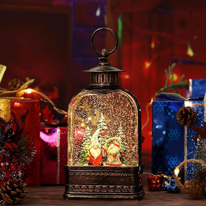 Christmas Snow Globe Decorations, Musical Glitter Gnome Lantern with 6H Timer, USB/Battery Powered Lighted Décor for Home, Tabletop, Gift Box