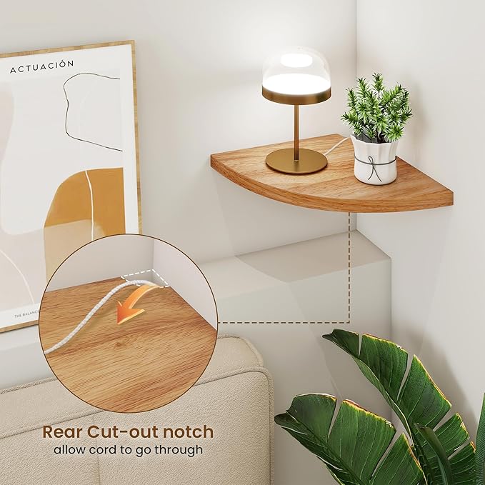 Fun Memories Corner Shelf Wall Mount Set of 2 - Solid Oak Wood Floating Corner Shelf with Cable Hole, 10in Rustic Design for Bedroom, Living Room, Kitchen (Natural)