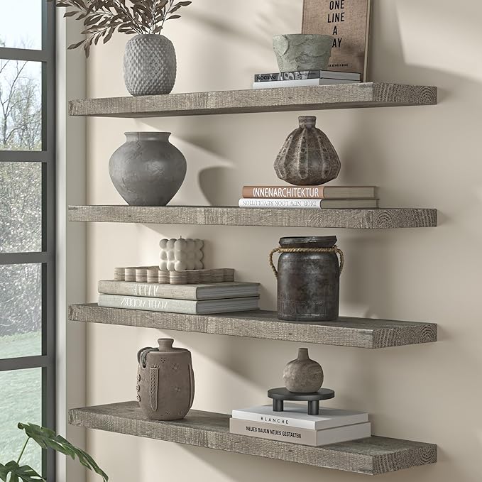 Fun Memories 40 Inch Reclaimed Wood Floating Shelves for Wall, 8 Inch Deep Rustic Farmhouse Floating Shelf with Invisible Bracket for Living Room, Bathroom & Kitchen, Grey