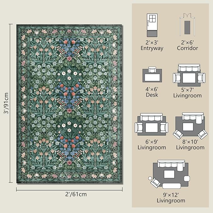 Floral Non-Slip Washable Entryway Rug, 2x3 Boho Forest Design Green, Soft Indoor Door Mat for Kitchen, Bedroom & Bathroom, Ultra-Thin Easy Clean Small Throw Carpet