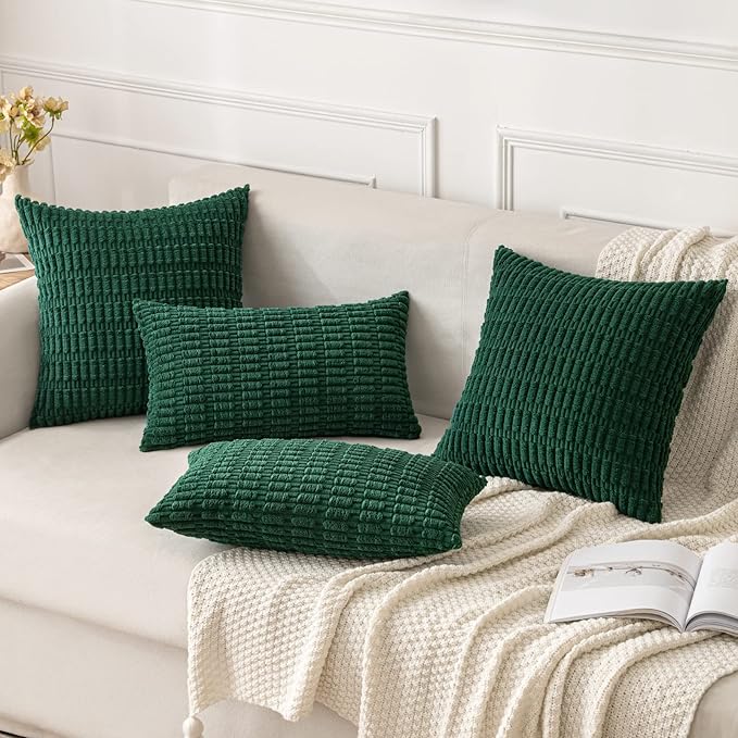 MIULEE Pack of 2 Dark Green Corduroy Decorative Pillow Covers 20x20 Inch Soft Boho Striped Throw Pillow Covers Modern Farmhouse Home Decor for Sofa Living Room Couch Bed