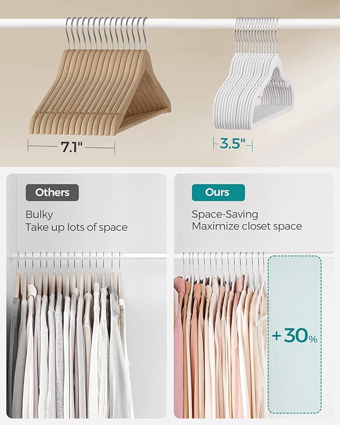 SONGMICS Velvet Hangers 100 Pack, Non-Slip Clothes Hangers with Shoulder Notches, Pants Bar, 360° Swivel Hook, Space-Saving, for Closet, Cloud White UCRF029W010