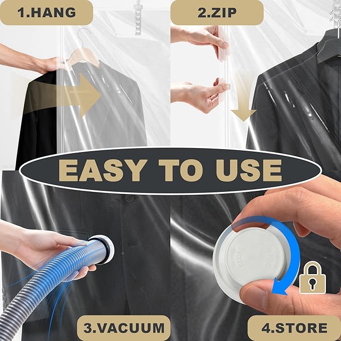 Hanging Vacuum Storage Bags,Hanging Vacuum Sealer Storage Space Saver Bags for Clothes, Suits, Coats, Dresses or Jackets, Reusable Compressed Vacuum Bags Closet Organizers,5 Pack(3 Long,2 Short)