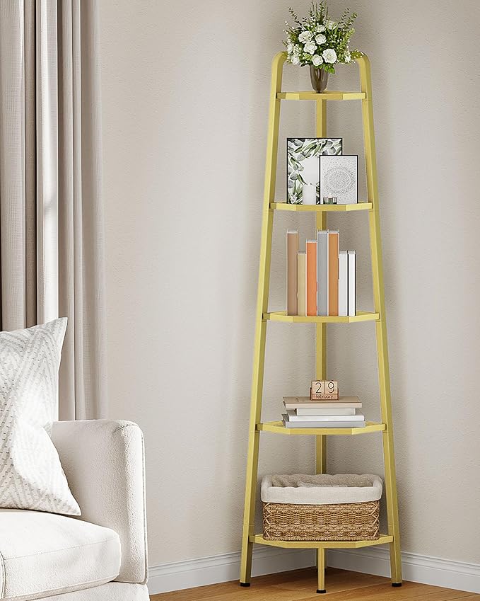 CHOEZON 5-Tier Corner Shelf, 59.6” Corner Storage Stand, Floorstanding Dispaly Rack, Tempered Glass Corner Bookshelf, Open Plant Stand, for Living Room, Bedroom, Study, Bathroom, Gold TCJ21GJ