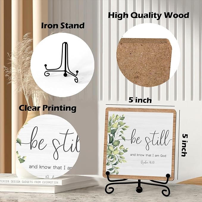 Inspirational Christian Desk Decor, Be Still And Know That I Am God Rutsic Sign, Desk Decorations For Office Home Living Room Bathroom, Eucalyptus Shelf Decor, Wooden Plaque With Stand (03)