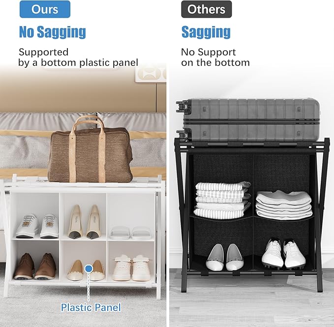 Luggage Rack for Guest Room, Folding Suitcase Stand with 6-Cube Fabric Storage Shelf, Luggage Holder, Steel Foldable Luggage Stand for Guest Room, Bedroom, Hotel, White