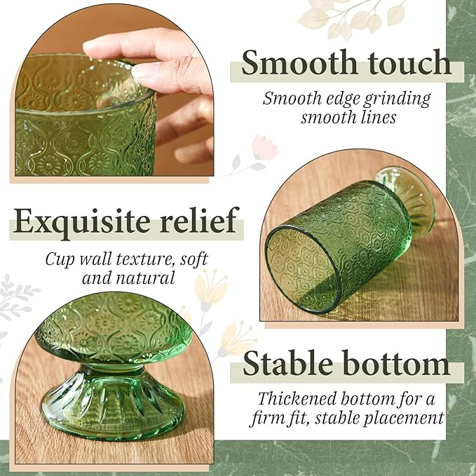 6 Pcs (H:7" W:4") Embossed Flower Vase Pedestal Glass Vase Big Base Thickened Crystal Vintage Vases for Valentines Day Wedding Home Decor Table Centerpiece House Warming Gifts(Green)