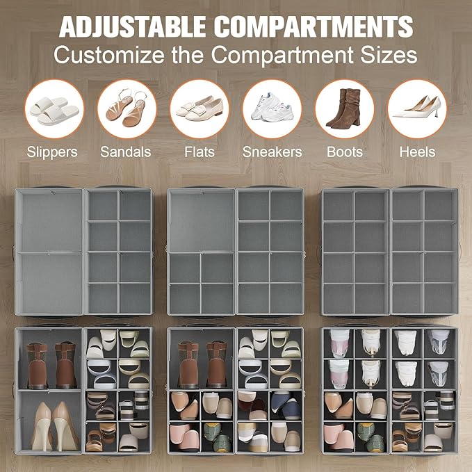 2 Pack Shoe Organizer for Closet,Foldable Shoe Storage Organizer with Adjustable Dividers, Shoe Storage Box with Clear Cover, Fits up to 16 Pairs, Gray