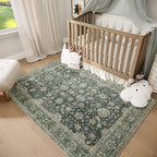 Washable 4x6 Rugs for Living Room, Boho Non-Slip Vintage Distress Small Rugs for Bedroom Nursery Office, 0.3" Neutral Oriental Throw Thin Carpet with Cushioning Pad, Sage Green/Blue/Multi