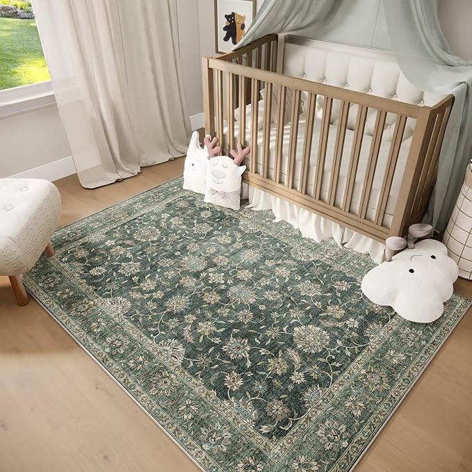 Washable 5x7 Area Rugs for Living Room, Boho Non-Slip Vintage Distress Rugs for Bedroom Dining Room Nursery Office, 0.3" Neutral Oriental Throw Thin Carpet with Cushioning Pad, Sage Green/Blue/Multi