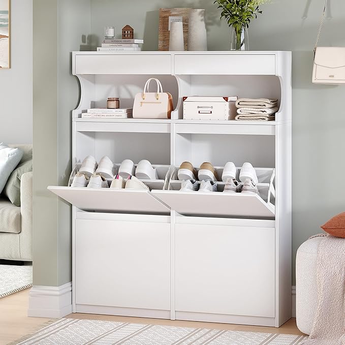 Shoe Cabinet with 4 Flip Drawers & 2 Top Drawers, Narrow Hidden Shoe Storage Cabinet for Entryway, Freestanding Shoes Organizer with Storage Space, 16-20 Pairs, for Hallway, White SR57603X