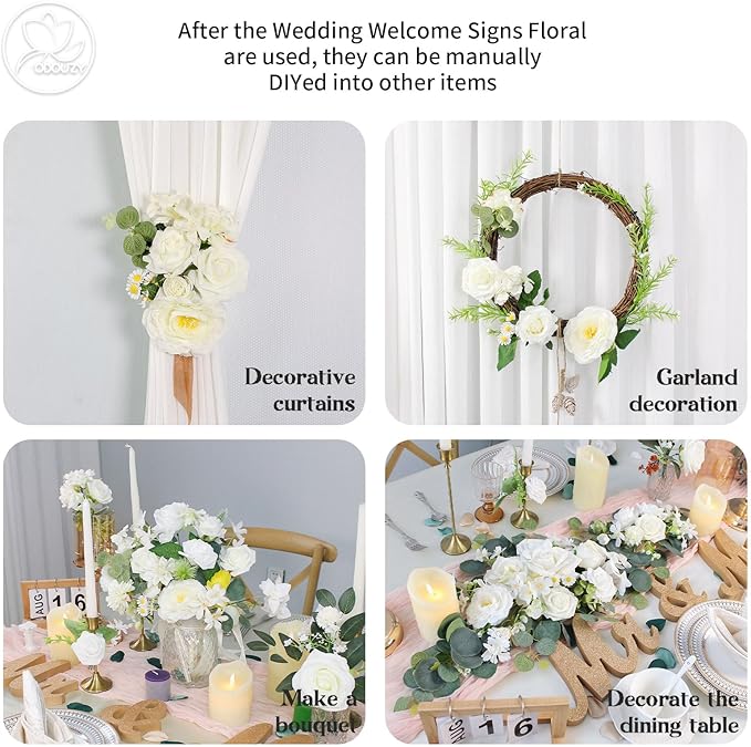 Odouzy Artificial Wedding Arch Flowers for Wedding Sign,Set of 2 for Welcome Ceremony Sign,Faux Floral Swags,Wedding, Banquet and Reception Backdrop Floral Decoration (White Champagne)