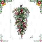 Glitzhome Christmas Teardrop Swag 28 Inch Red Pomegranate Berry & Holy Leaf Decor for Front Door, Indoor Outdoor Holiday Greenery with Rattan Ring for Mantel, Porch, Festive Hanging Decoration
