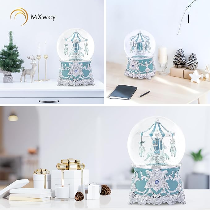 Carousel Music Box Moose Silver & Turquoise Christmas Snow Globes, 7.1" Rotate Carousel Snow Globe for Kids & Adults, Classic Wind up Musical Snow Globe Valentines Day Gifts for Women Girls Home Decor