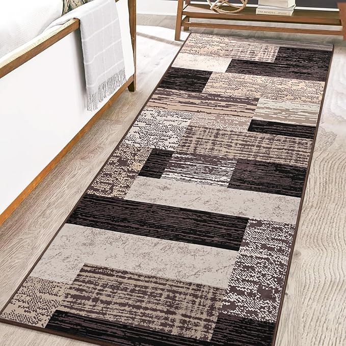 FlyDOIT Modern Geometric Patchwork Area Rug, 2x6 Chocolate Runner Rugs for Living Room, Rockwood Collection Indoor Rugs for Bedroom, Throw Carpet Floor Decor for Entryway Dining Room Office Nursery