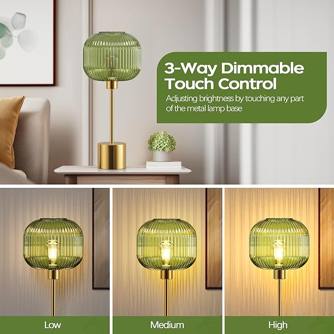 QiMH Glass Table Lamp for Living Room, Modern Bedside Lamp with Green Ribbed Glass Shade, 3-Way Dimmable Touch Control Nightstand Lamp for Bedroom, Brushed Gold (2700K LED Bulb Included)