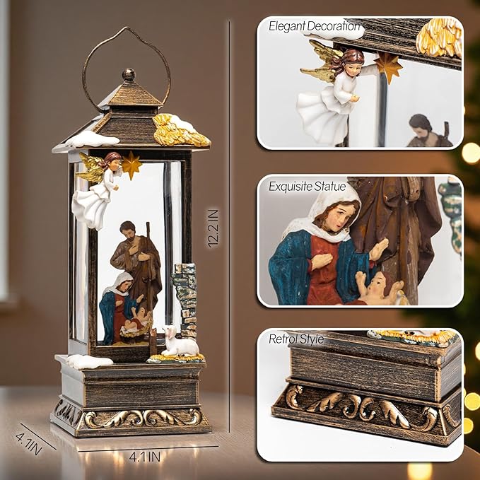 12" Christmas Snow Globe Lantern with Nativity and Angel - Water Glitter LED Light Musical Lantern with Exterior Decor - Vintage Xmas Gifts - USB Plug or Battery Operated Home Decor(Angel & Nativity)