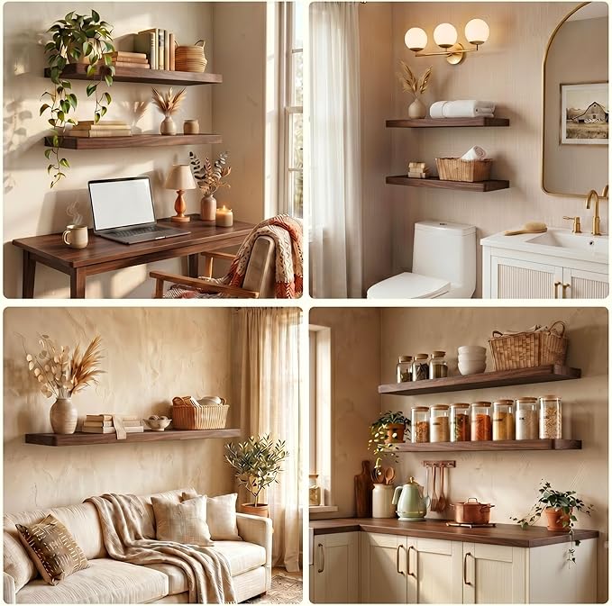 30 Inch Floating Shelves, Solid Wood Wall Shelves, 8 Inch Deep Floating Shelf – for Bathroom, Bedroom, Living Room, Kitchen, Home Decor & Storage, Heavy-Duty Wooden Shelf Wall-Mounted, Set of 2