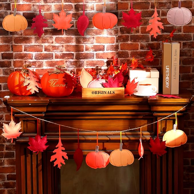 Tudomro 27 Pcs Fall Tree Decoration Autumn Thanksgiving Leaves Tree Ornaments Thanksgiving Decor 3D Felt Leaves Pumpkin Autumn Hanging Ornaments for Home Decor Party Favors(Maple Leaf and Pumpkin)