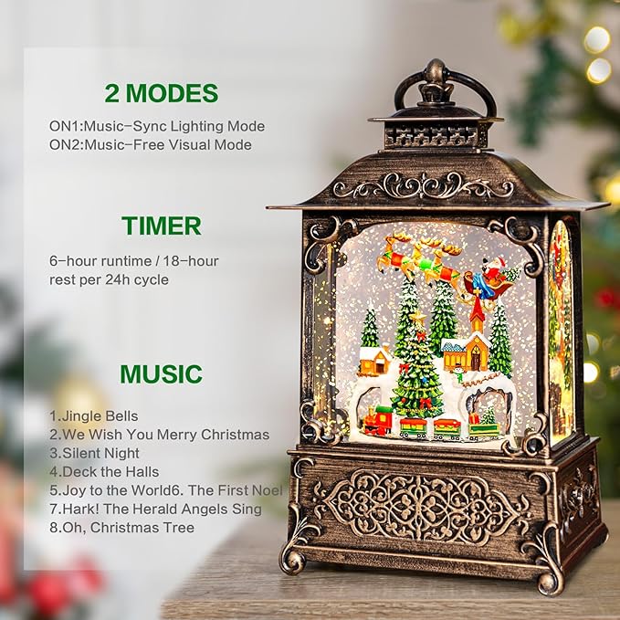 Christmas Snow Globes Lantern with Music, Winter Village Scene Snow Globes with Swirling Glitter Effects, USB/Battery Powered with 6-Hour Timer, Christmas Decorations