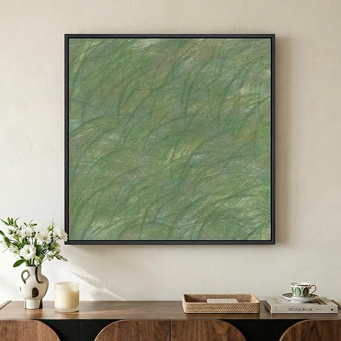 Framed Green Abstract Wall Art, Modern Square Sage Green Canvas Prints Paintings, Minimalist Pictures for Living Room, Bedroom, Dining Room, Hallway Wall Decor 24x24 In